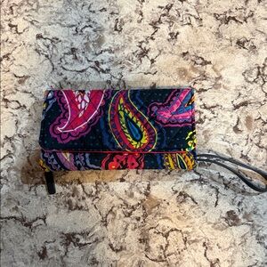 Vera Bradley Quilted Paisley Wristlet in Navy with Pink, Yellow & Green